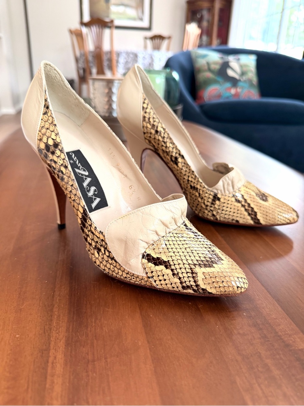 Vintage ZASA Snakeskin Leather Pumps 6.5 M Made in Spain Stiletto Heels